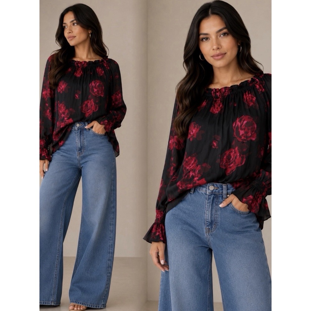 Talbots XL Black Satin Red Rose Print Long Sleeve Blouse Smocked Neck Top